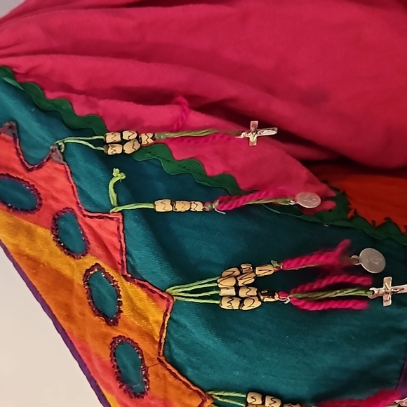 VTG OPUS 1 1970s Mexican Pink Patchwork Horn Beaded Fringe Boho Festival Dress - Picture 8 of 16